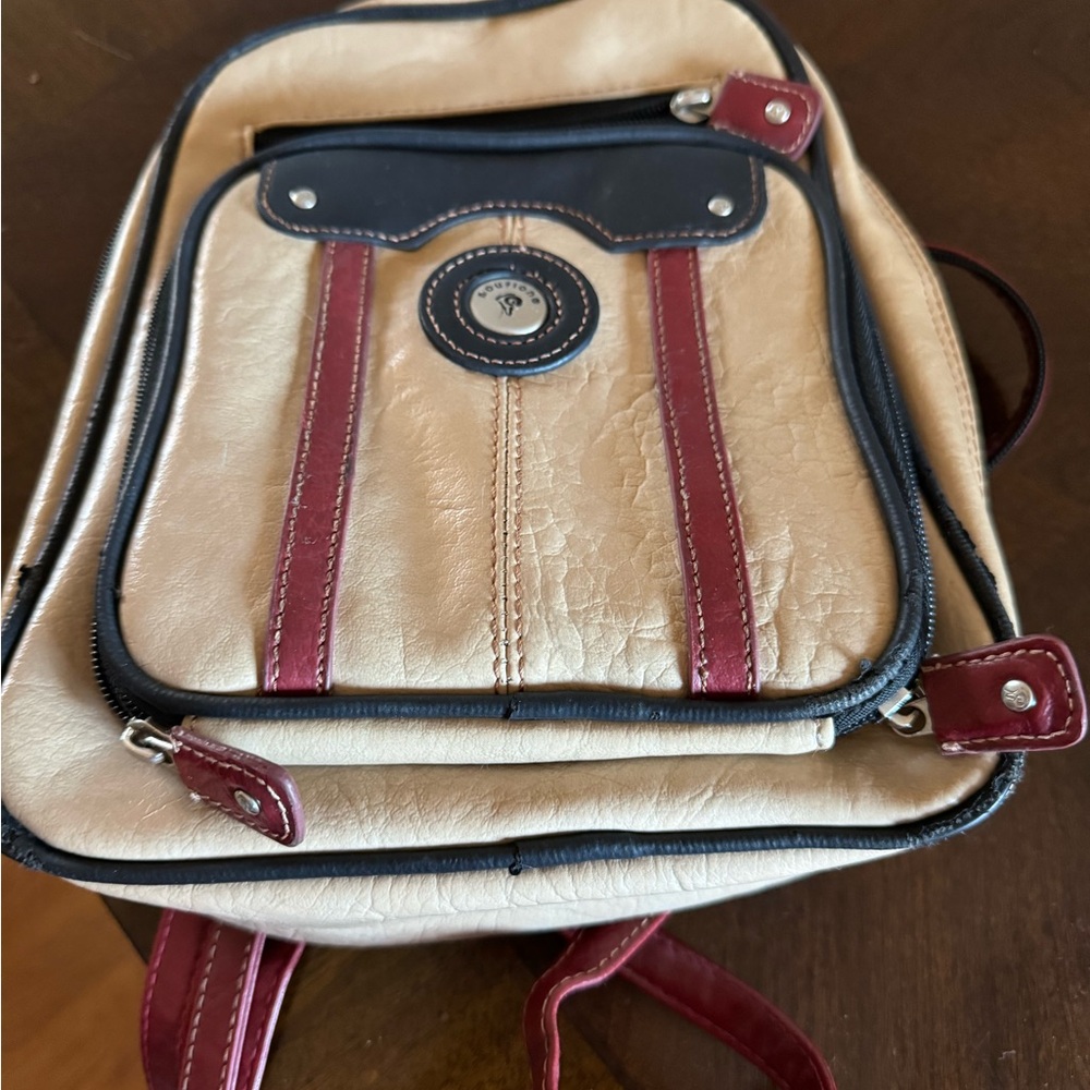 Mouflon vintage vinyl mini backpack beige, black & red.  Excellent condition.